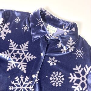 Quacker Factory Velvet Button Up Shirt Womens Plus 1X Blue Winter Snowflakes QVC